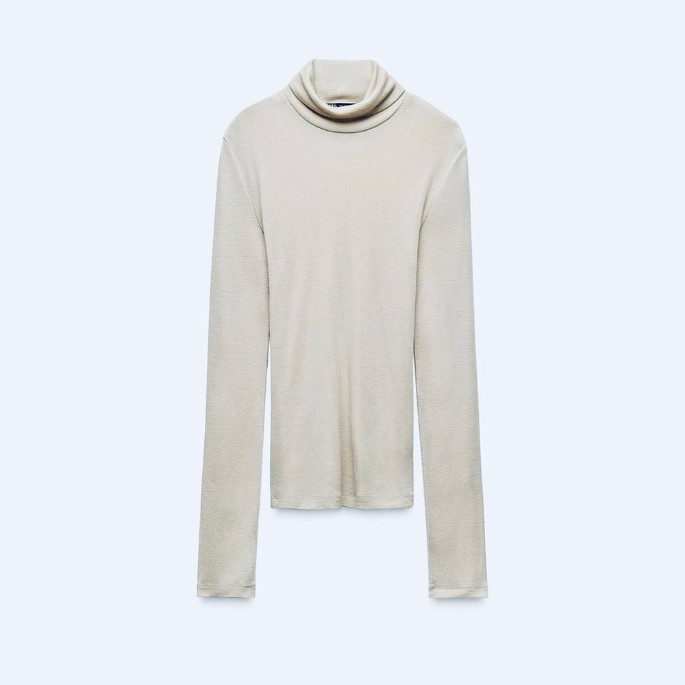 ZARA WOOL BLEND HIGH NECK LONG SLEEVE SLIM FIT TOP Natural Beige S